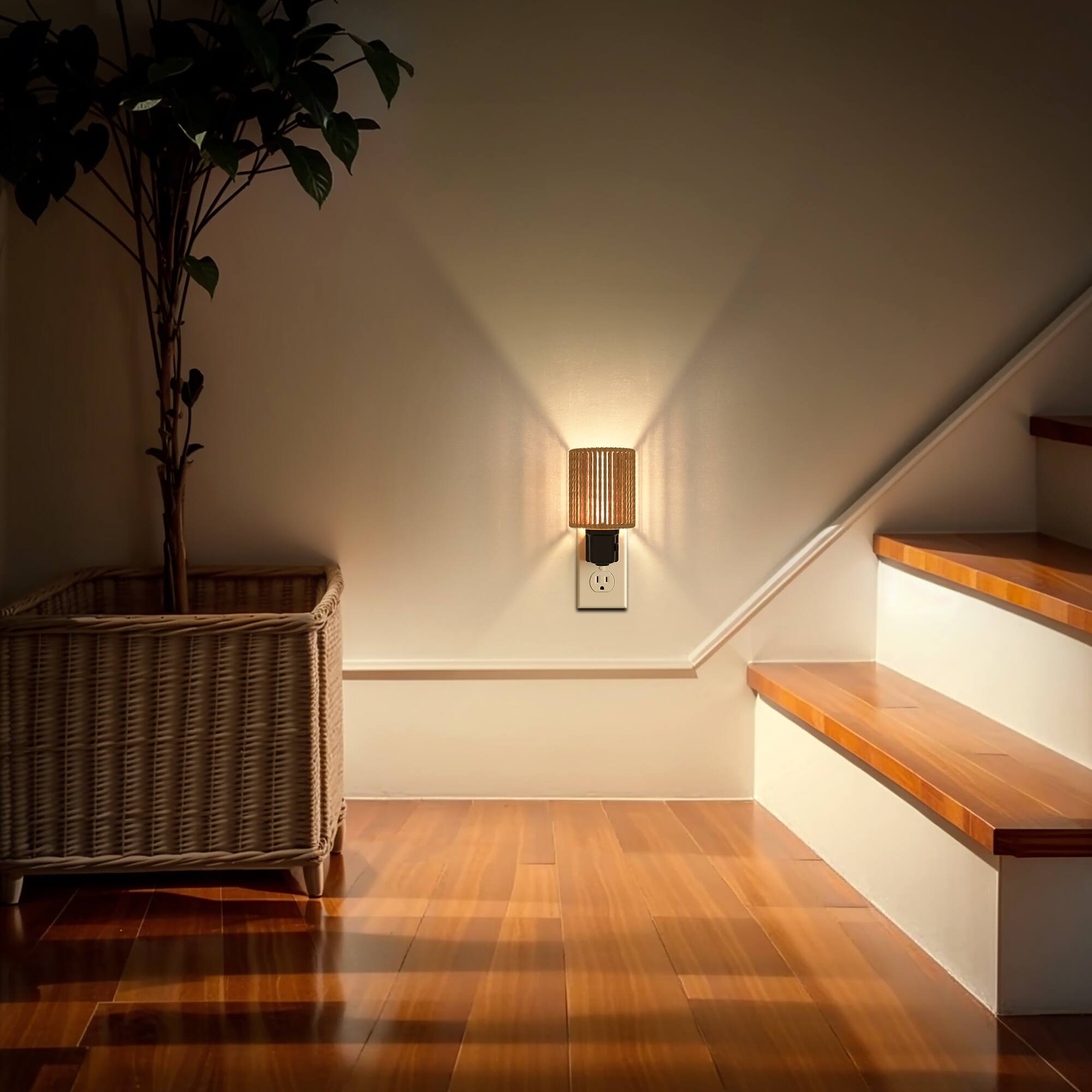 Left. Jandcase - JANDCASE 2-Pack 1W  Plug-in Night Light, 3000K Warm Glow, Boho Rope Shade with Gold Ring, Slide Dimmer, US 3-Prong Plug - Black and Gold.