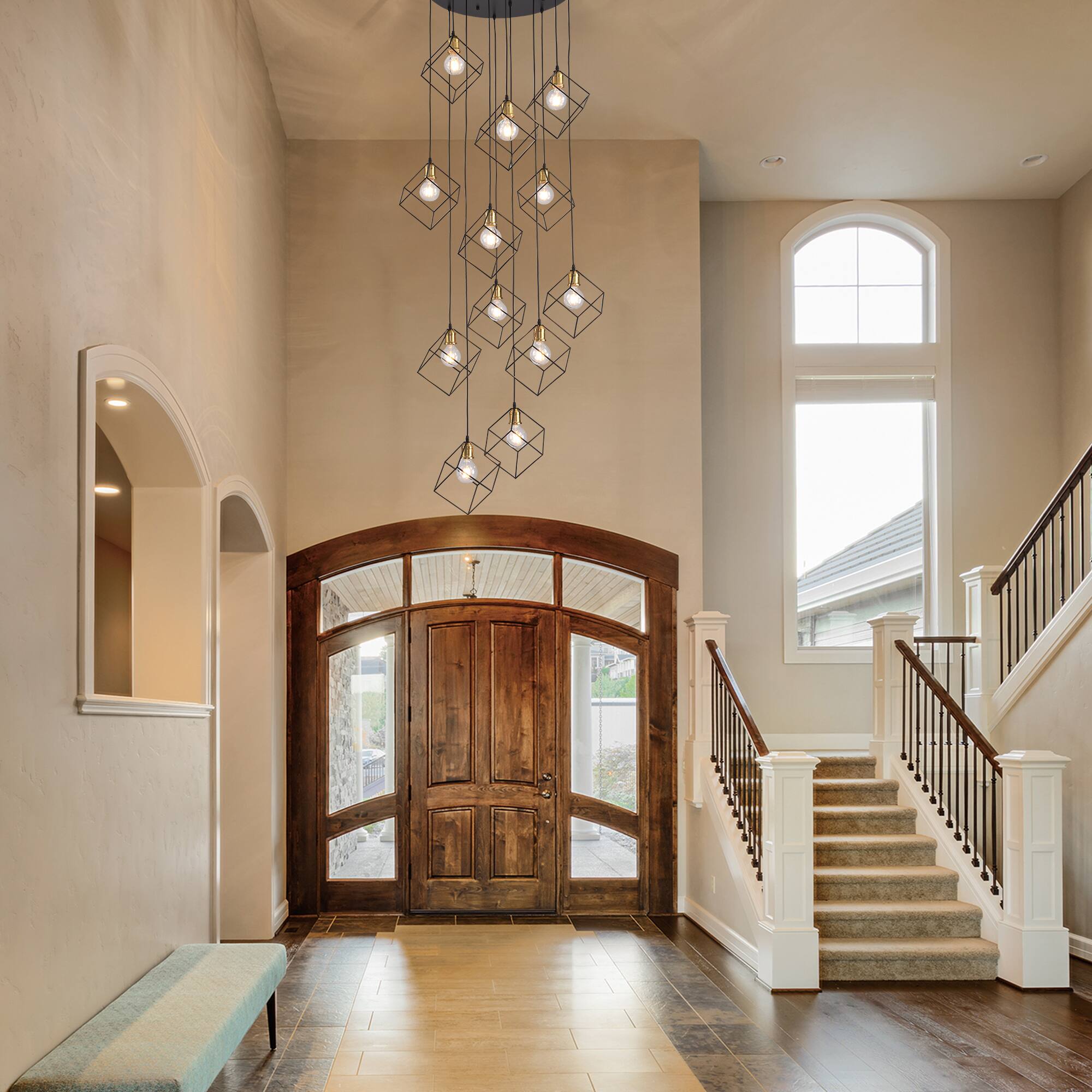 Alt View 1. RYHNUYNE - 12-Light Modern Foyer Chandelier,Black Long Pendant Light Fixture for High Ceilings Entryway,Large Staircase Chandeliers - Black.