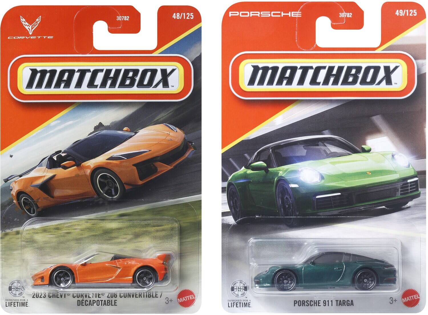 30782 48/125 PORSCHE 30782 49/125 CORVETTE MATCHBOX MATCHBOX TM NRTS 7 METAL METAL YOE 2023 CHEVY CORVETTE Z06 CONVERTIBLE/ DECAPOTABLE 3+ MATTEL LIFETIME +R wO/c METAL METAL 100B D UENIUND FOR A LIFETIME. PORSCHE 911 TARGA 3+ EMATTEL