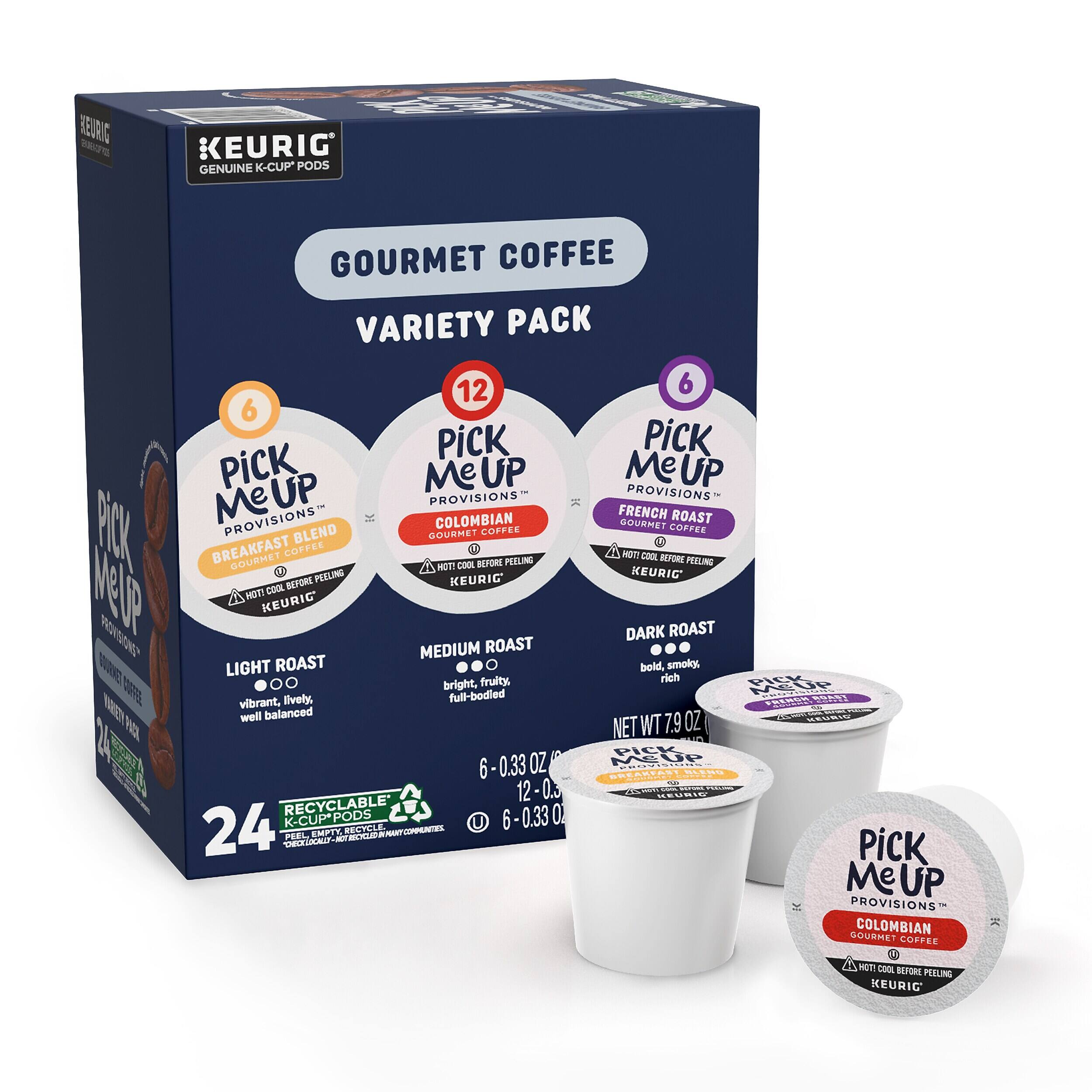 KEURIG a KEURIG GENUINE K-CUP PODS GOURMET COFFEE VARIETY PACK 12 6 6 Pick Me Up Me Up PROVISIONS PROVISIONS Me K FRENCH ROAST PROVISIONS COLOMBIAN GOURMET COFFEE PICK BLEND GOURMET COFFEE BREAKFAST COFFEE C 4 MOTT - GOURMET REFORE PERLING REFORE PEYLING MOTT COEL 6 PEELING KEURIG REFORE KEURIC WeUP wO 20  KEURIC COOL DARK ROAST MEDIUM ROAST BURRE LIGHT ROAST bold. smoky, fruity rich DUE bright, PUP vibrant, lively full-bodied FPOm OPN E well balanced NET WT 79 OZ PLEA PIck OZ KEUP 6-0.33  MN 12 12-0.3 HEUSIN RECYCLABLE O 24 K-CUPPODS RECYCLE OMENTEE U 6-0.33 6 PEEL EMPT  / - Pick Me Up PROVISIONS COLOMBIAN GOURMET COFFEE 1 MET