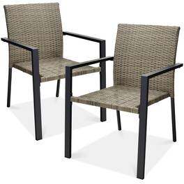 Best Choice Products - Set of 2 Wicker Chairs, Stackable Outdoor Dining Furniture w/ Armrests - Taupe