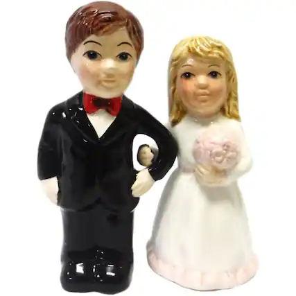 Front. Pacific Trading - Bride and Groom Pink Rose Magnetic Salt and Pepper Shakers - Multicolor.