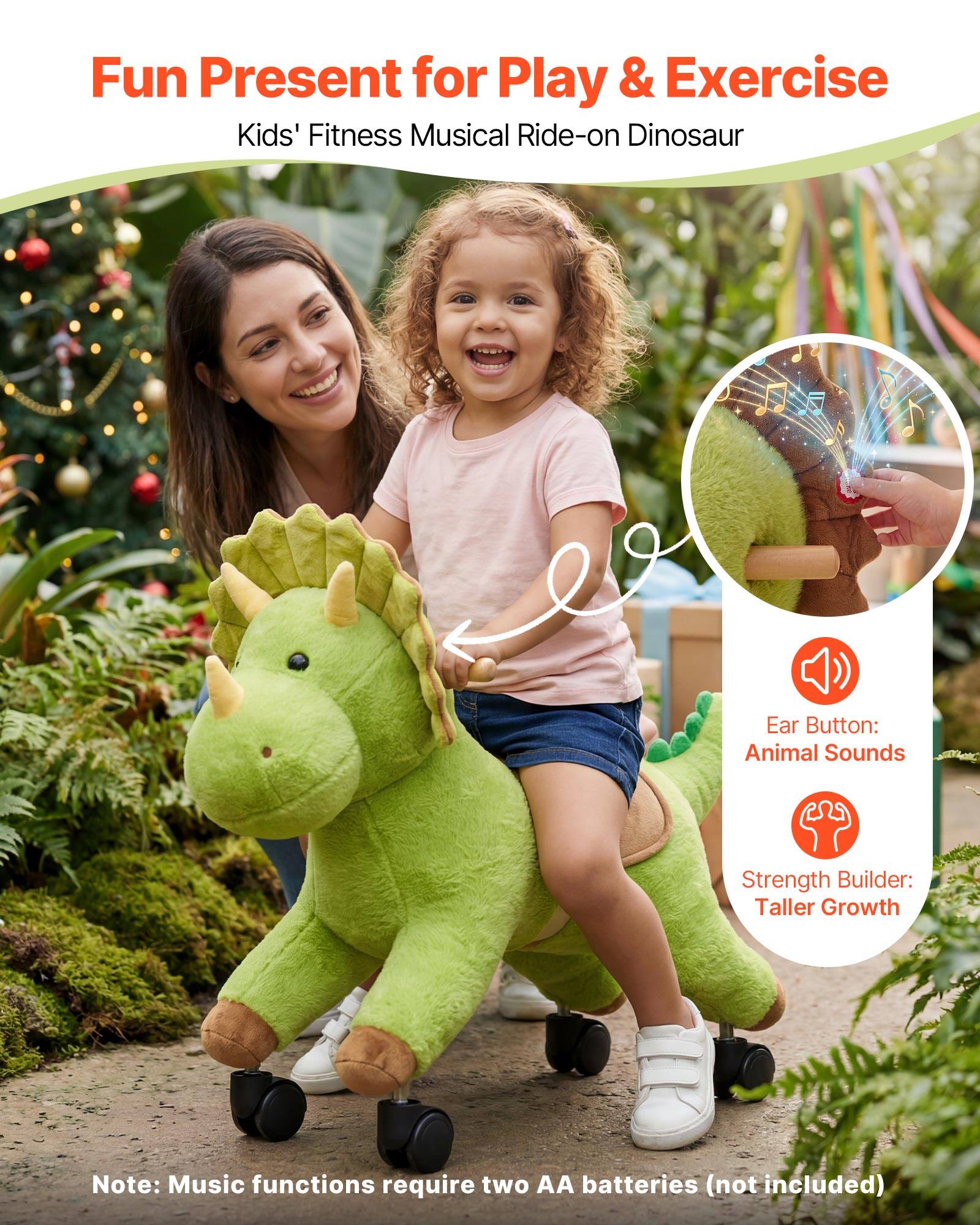 Fun Present for Play & Exercise  
Kids' Fitness Musical Ride-on Dinosaur  

Ear Button: Animal Sounds  
Strength Builder: Taller Growth  

Note: Music functions require two AA batteries (not included)