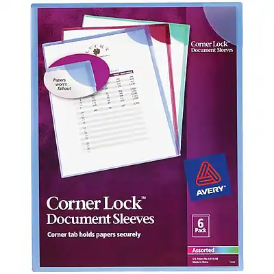 Corner Lock Document Sleeves
Corner tab holds papers securely
Papers won't fall out
AVERY
6 Pack Assorted
Corner Lock Document Sleeves