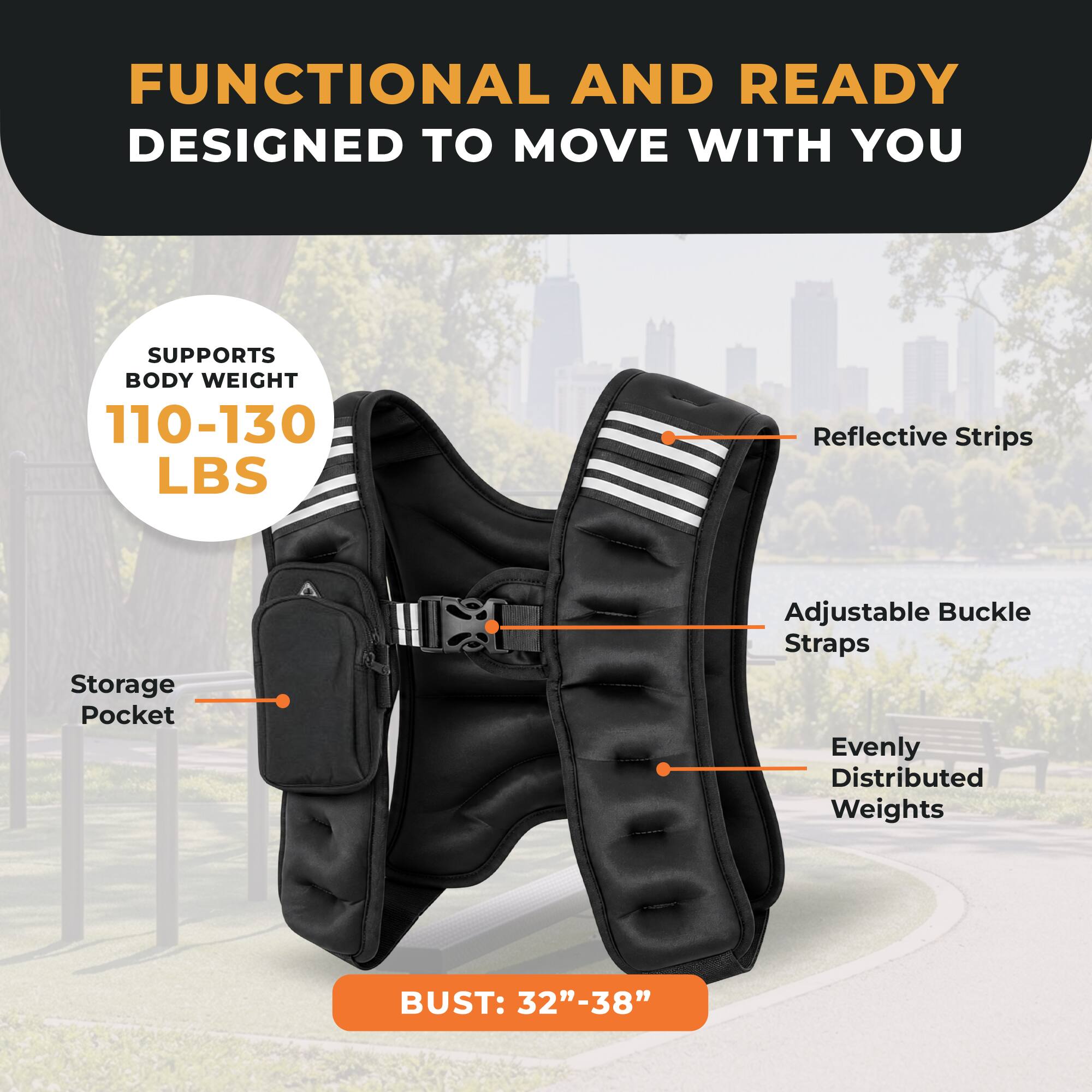 FUNCTIONAL AND READY  
DESIGNED TO MOVE WITH YOU  

SUPPORTS BODY WEIGHT 110-130 LBS  

Reflective Strips  
Storage Pocket  
Adjustable Buckle Straps  
Evenly Distributed Weights  

BUST: 32"-38"
