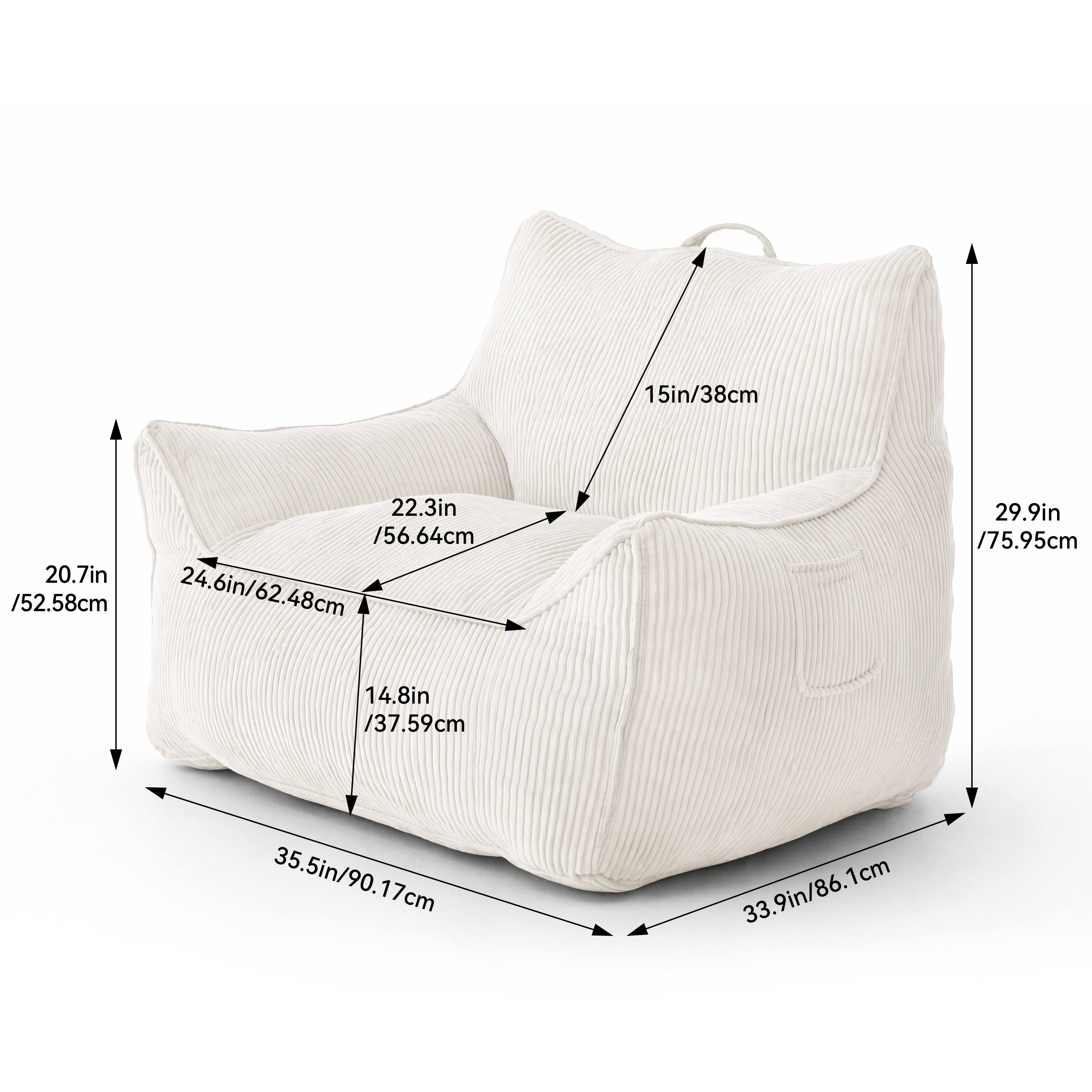15in/38cm  
22.3in /56.64cm  
20.7in /52.58cm  
24.6in/62.48cm  
29.9in /75.95cm  
14.8in /37.59cm  
35.5in/90.17cm  
33.9in/86.1cm