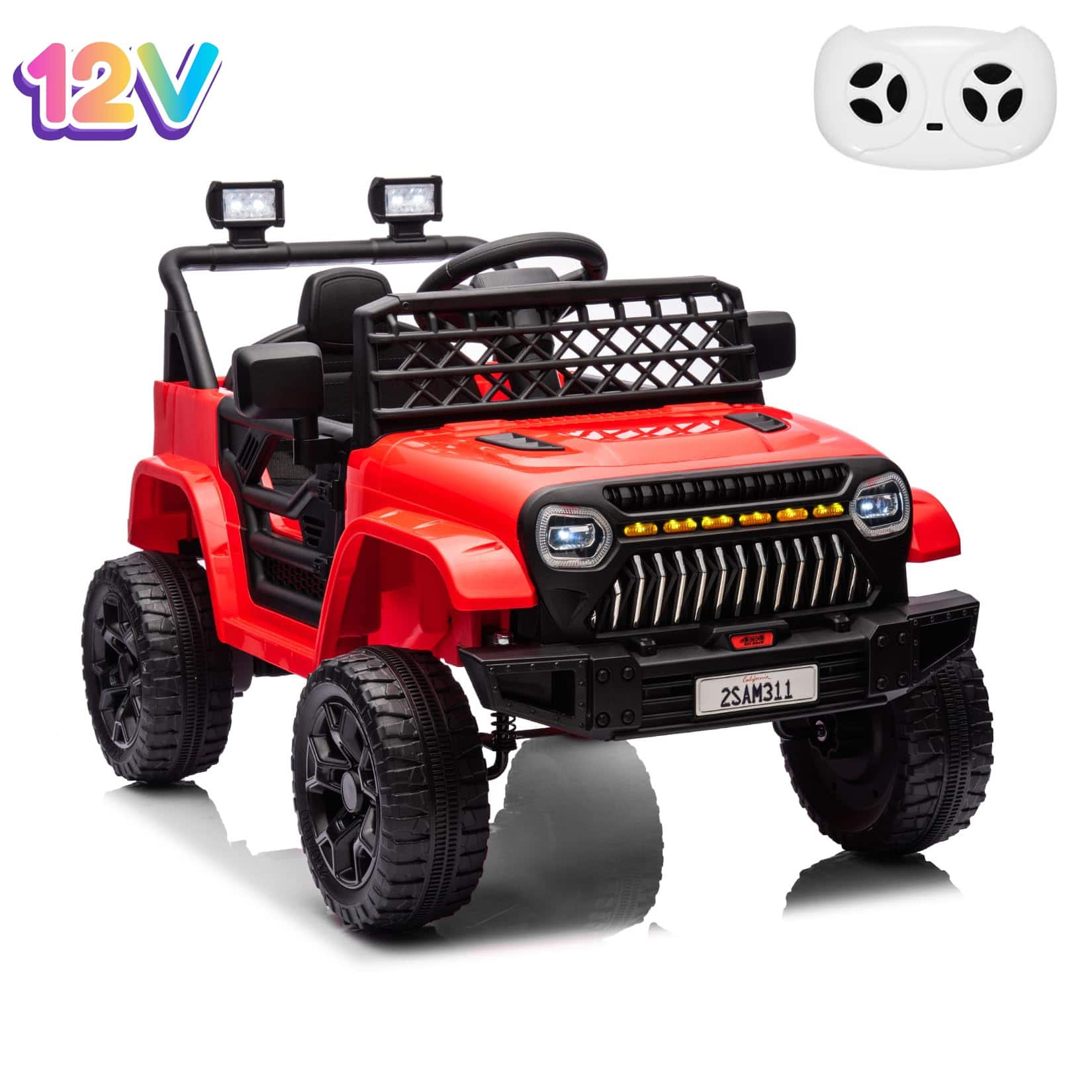 GARVEE - Kids Electric Truck 12V, Remote Control, Dual Motors, 2 Speeds, Music Player - Red