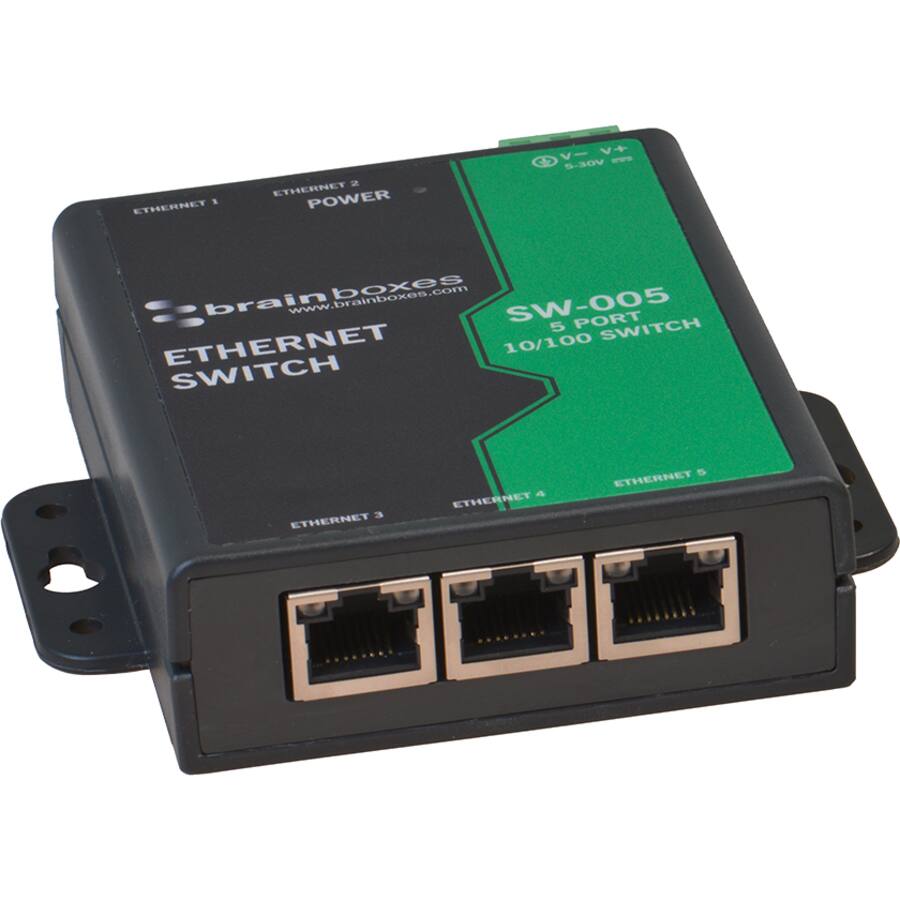 1 ETHERNET  
2 ETHERNET POWER  
V- V+ 5-30V  
brain www.brainboxes.com boxes SW-005 5 PORT SWITCH ETHERNET 10/100 SWITCH  
3 ETHERNET  
4 ETHERNET  
5 ETHERNET