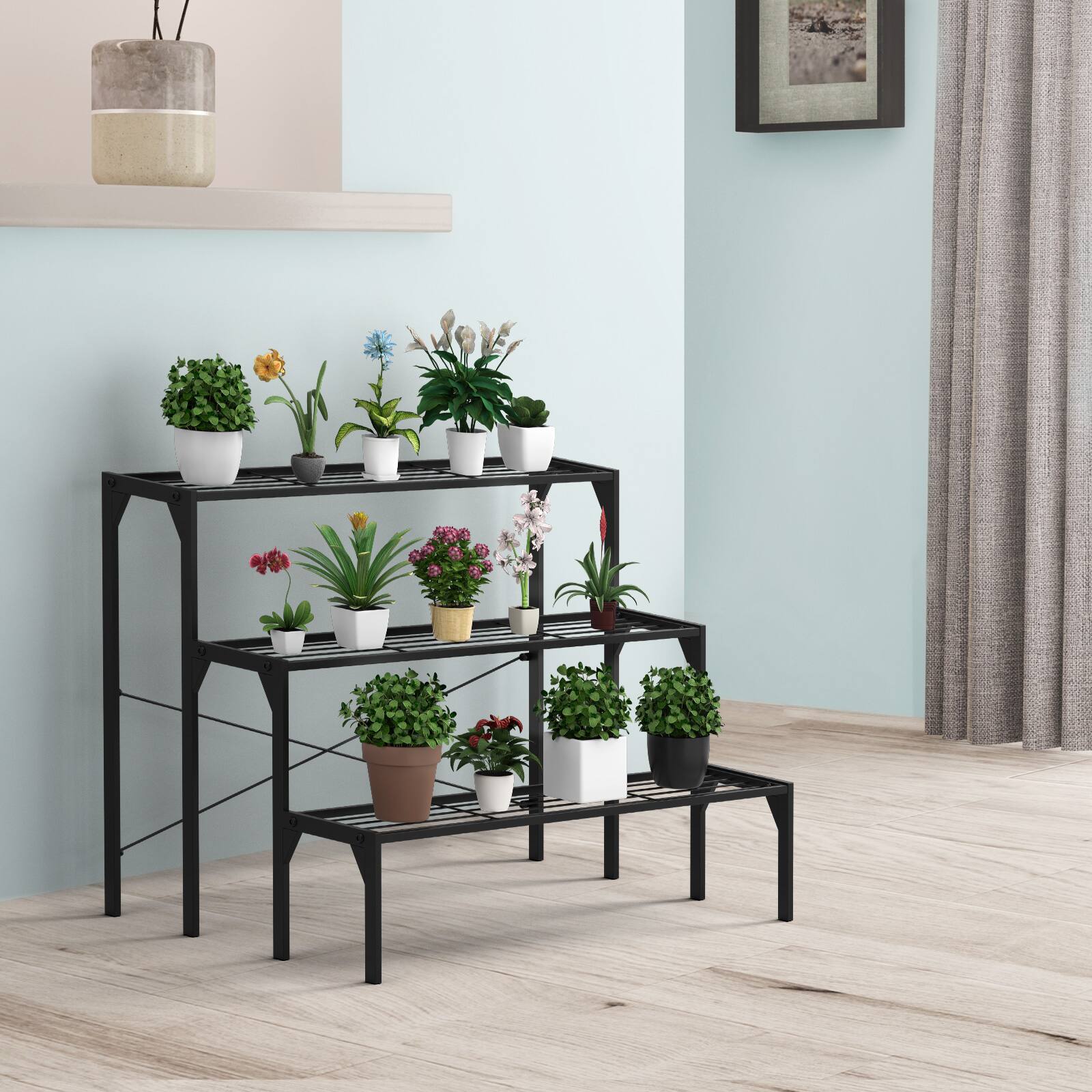 Alt View 4. Costway - 3 Tier Shelf Flower Plant Display Stand Rack Large Modern Black Metal Heavy Duty - Black.