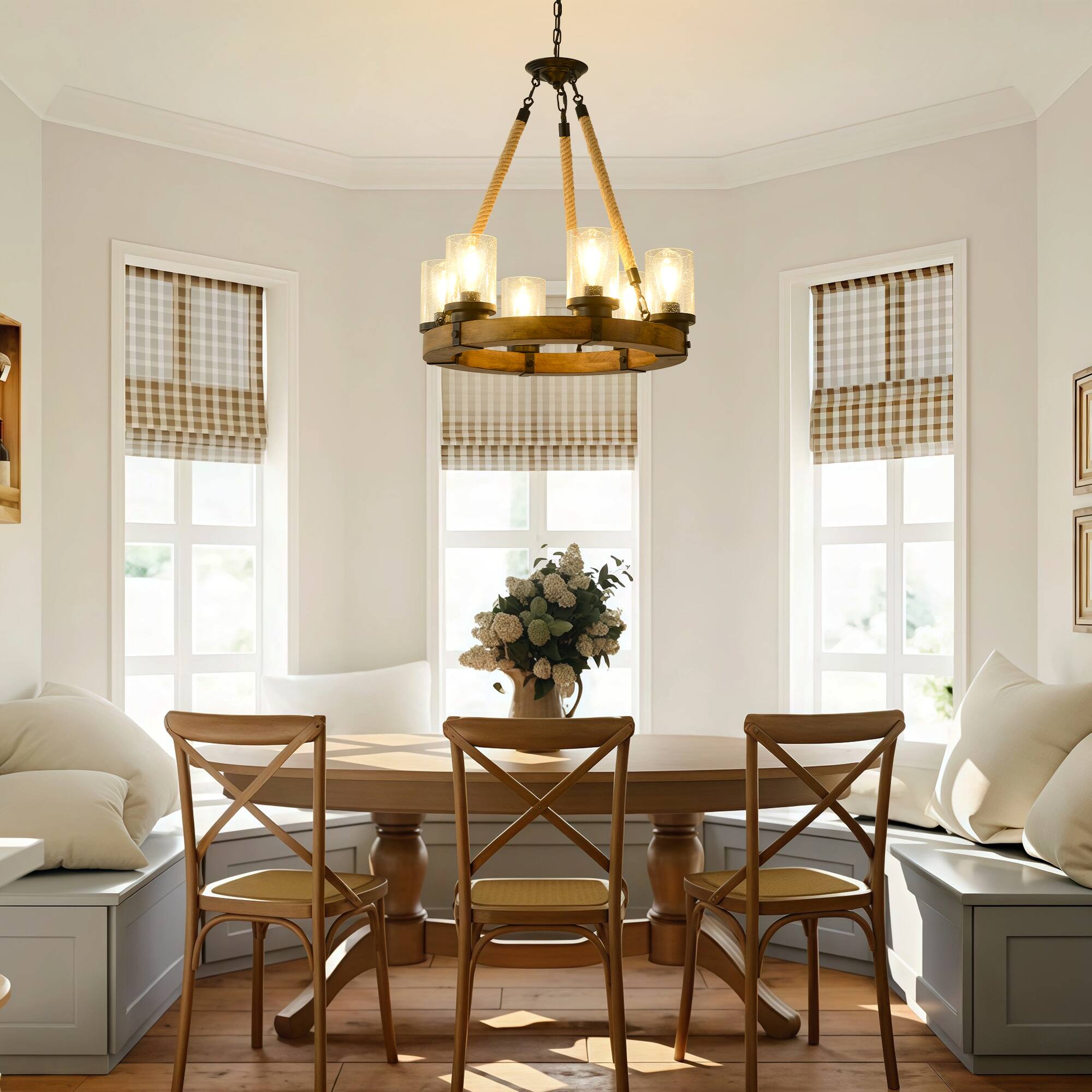 Alt View 3. RYHNUYNE - 6 Light Rustic Wagon Wheel Chandelier,Farmhouse Dining Room Light Fixture with Seeded Glass Shade,Round Wood Chandelier - Brown.