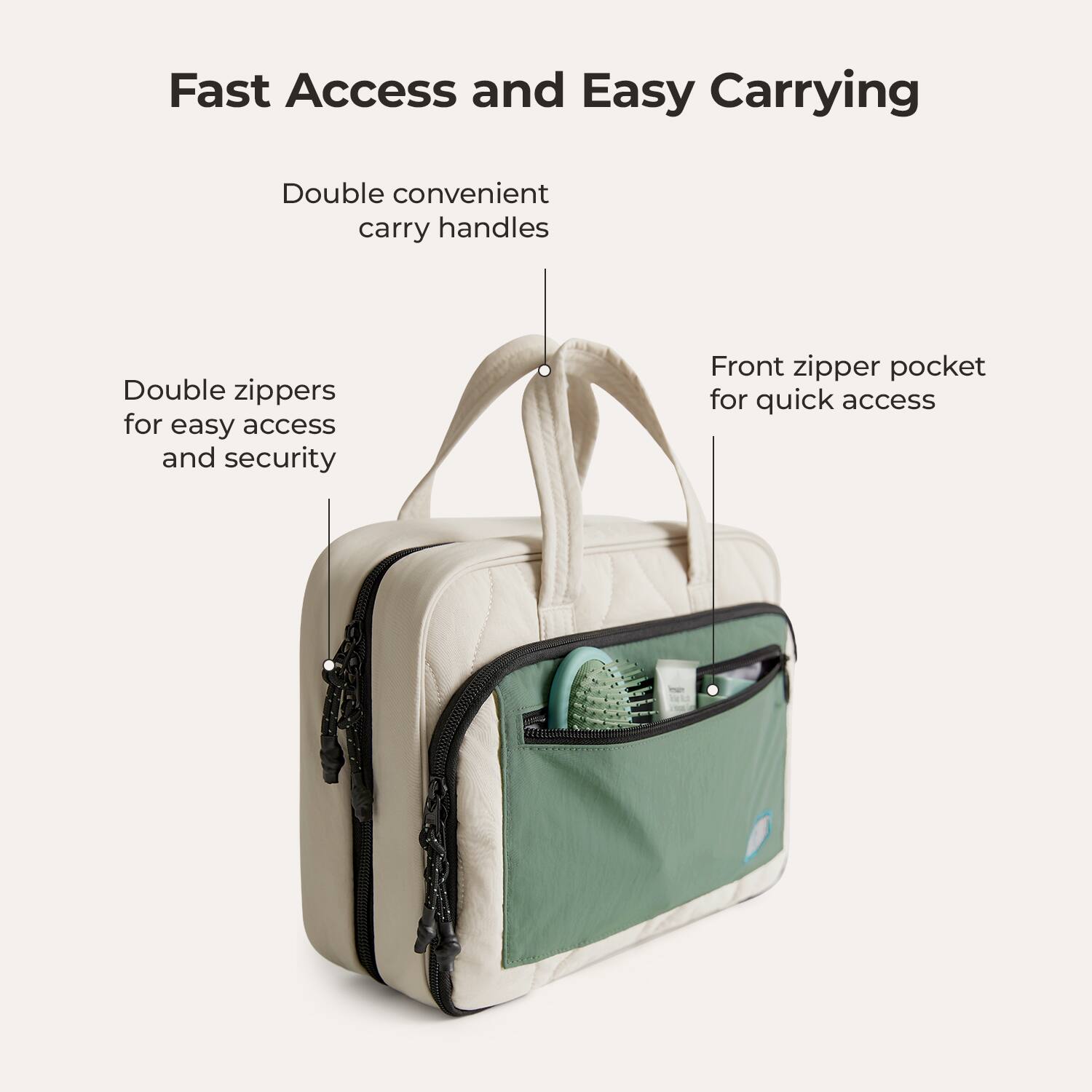 Fast Access and Easy Carrying

- Double convenient carry handles
- Double zippers for easy access and security
- Front zipper pocket for quick access