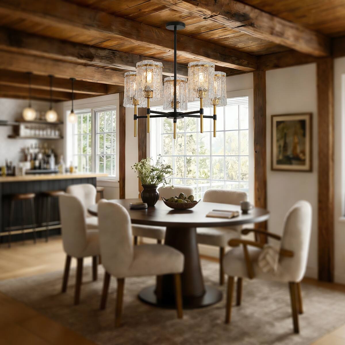 Angle. Loheer - Loheer Five Light Black and Gold Chandelier With Textured Glass for Dining Room.