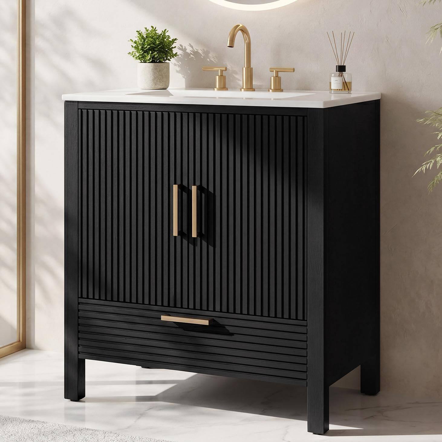 Front. Tribesigns - 30-Inch Bathroom Vanity with Sink, Modern Black Bathroom Cabinet - Black.