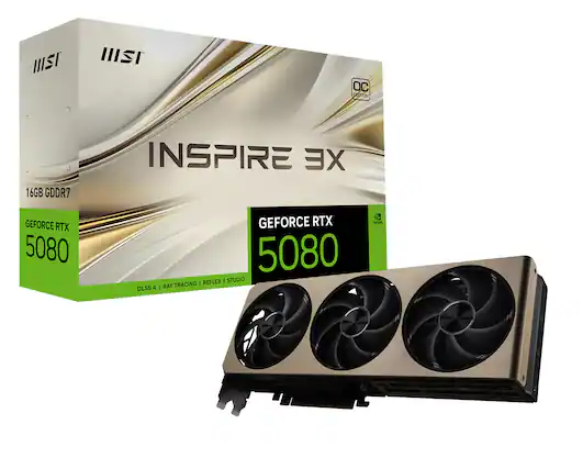 The text on the image reads: "Inspire 3X GeForce RTX 5080 16GB GDDR7 DLSS 5.0".