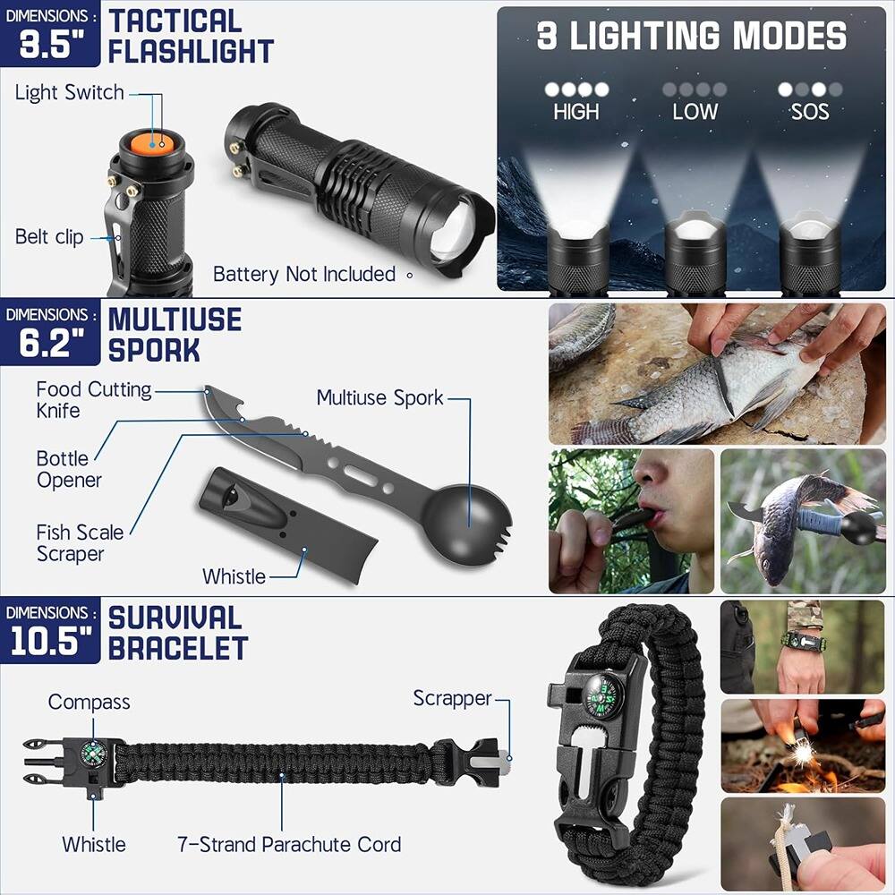 **DIMENSIONS:**

- **TACTICAL FLASHLIGHT**
  - 3.5"
  - Light Switch
  - Belt clip
  - Battery Not Included
  - 3 LIGHTING MODES: HIGH, LOW, SOS

- **MULTIUSE SPORK**
  - 6.2"
  - Food Cutting Knife
  - Bottle Opener
  - Fish Scale Scraper
  - Whistle

- **SURVIVAL BRACELET**
  - 10.5"
  - Compass
  - Scrapper
  - Whistle
  - 7-Strand Parachute Cord