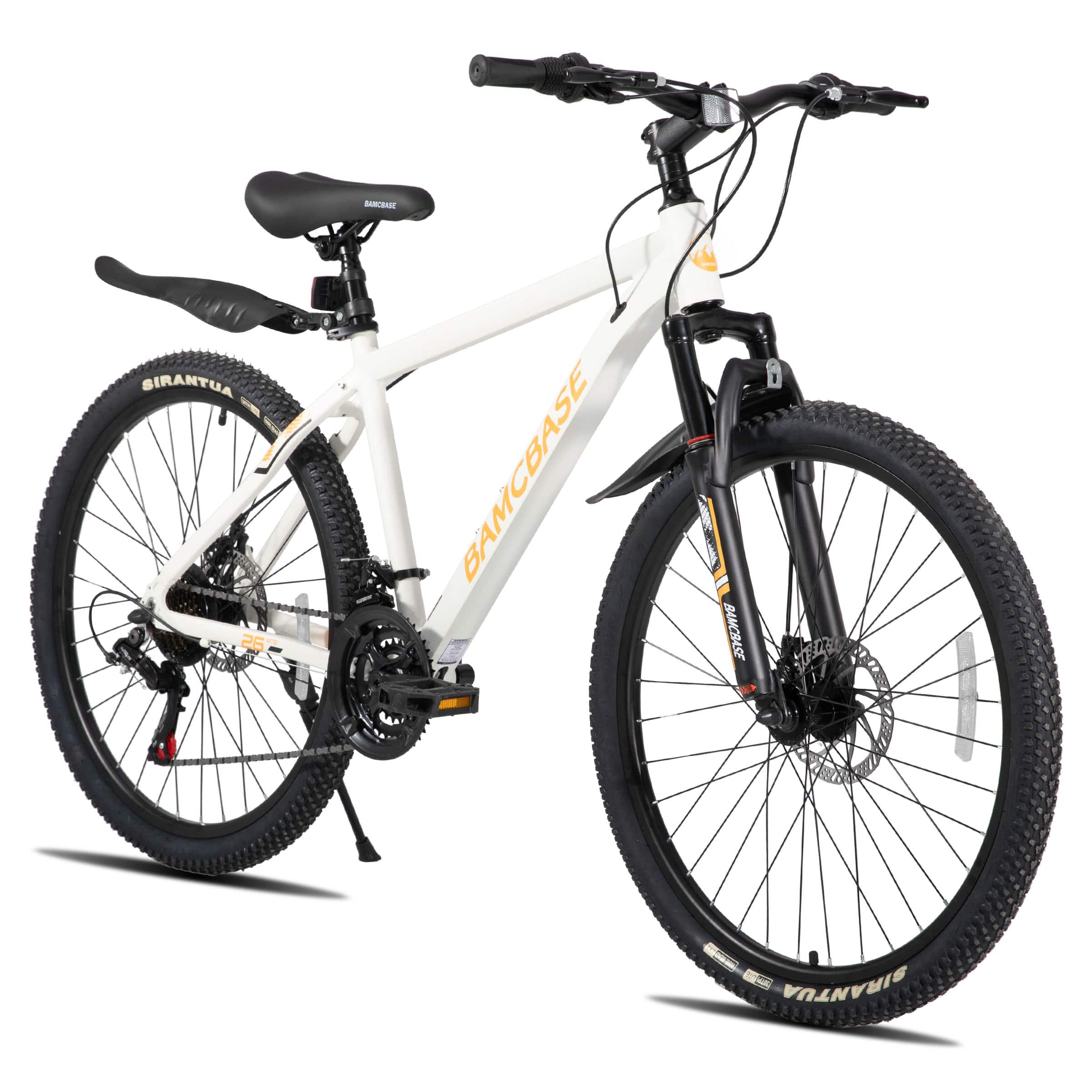 HILAND - BAMCBASE Mountain Bike 26 inch, 21-Speed Aluminum Alloy MTB with Suspension Fork, Bicycle for Men Women Adults - White