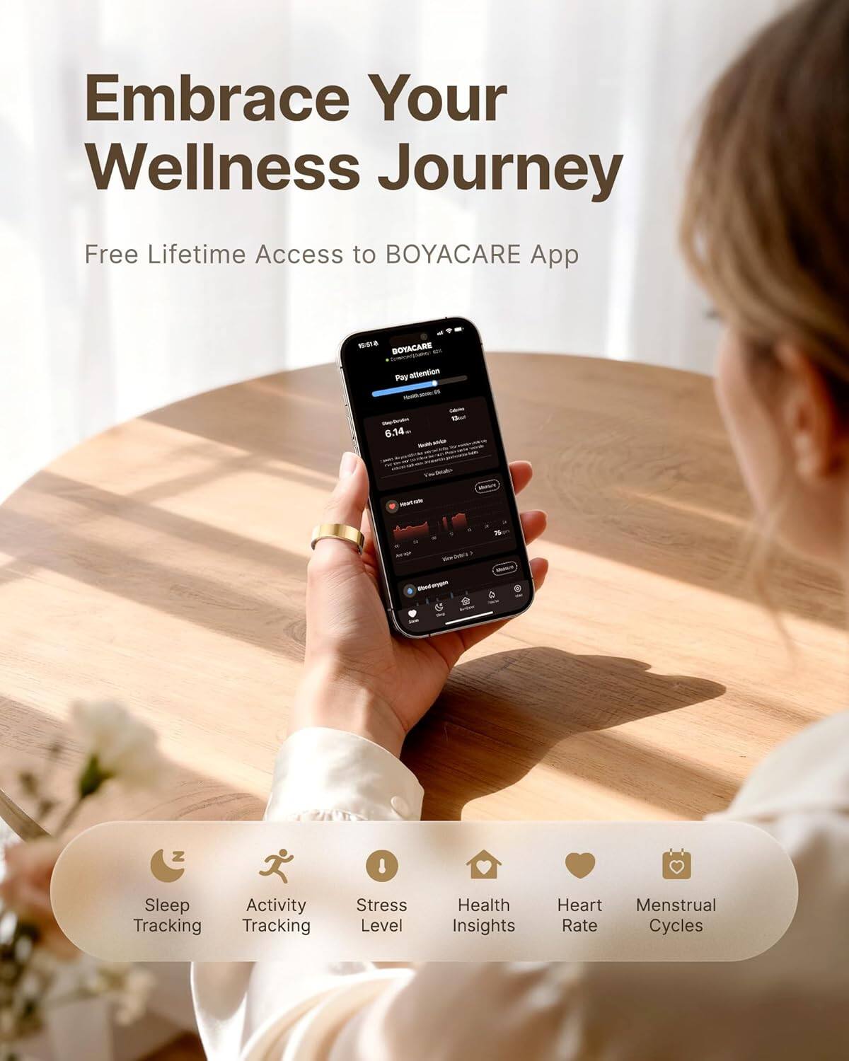 Embrace Your Wellness Journey  
Free Lifetime Access to BOYACARE App  

Pay attention to:  
6.14 - Bu - a 3 - - - es e Z  

Sleep Activity Tracking  
Stress Level  
Health Insights  
Heart Rate  
Menstrual Cycles
