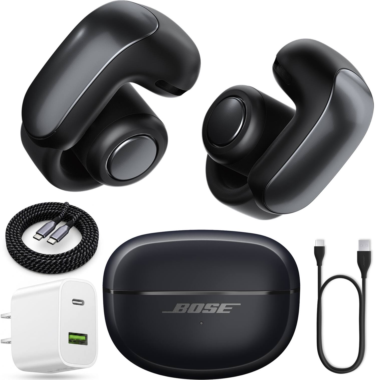 Front. Bose - Ultra Open Earbuds Bluetooth Open-Ear Clip-On Headphones Power Bundle - Black.