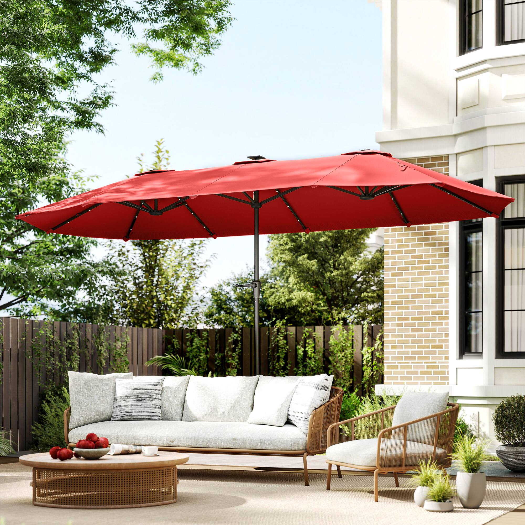Alt View 8. Outsunny - Double-Sided Market Umbrella, Large Patio Umbrella with Solar Lights, Crank Handle for Garden, Pool, Yard - Wine Red.