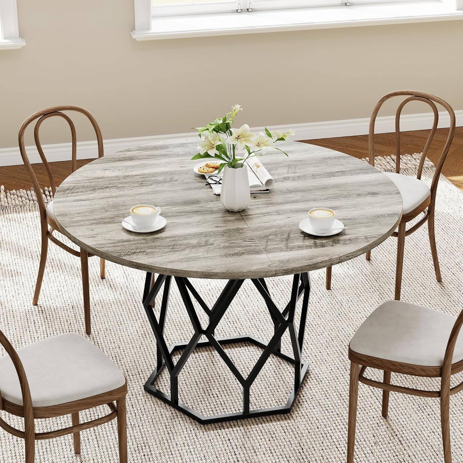 Alt View 6. Jojoka - Kitchen Table 47 inch Round Dining Table 4-6 People Kitchen and Dining Room Tables - Gray.