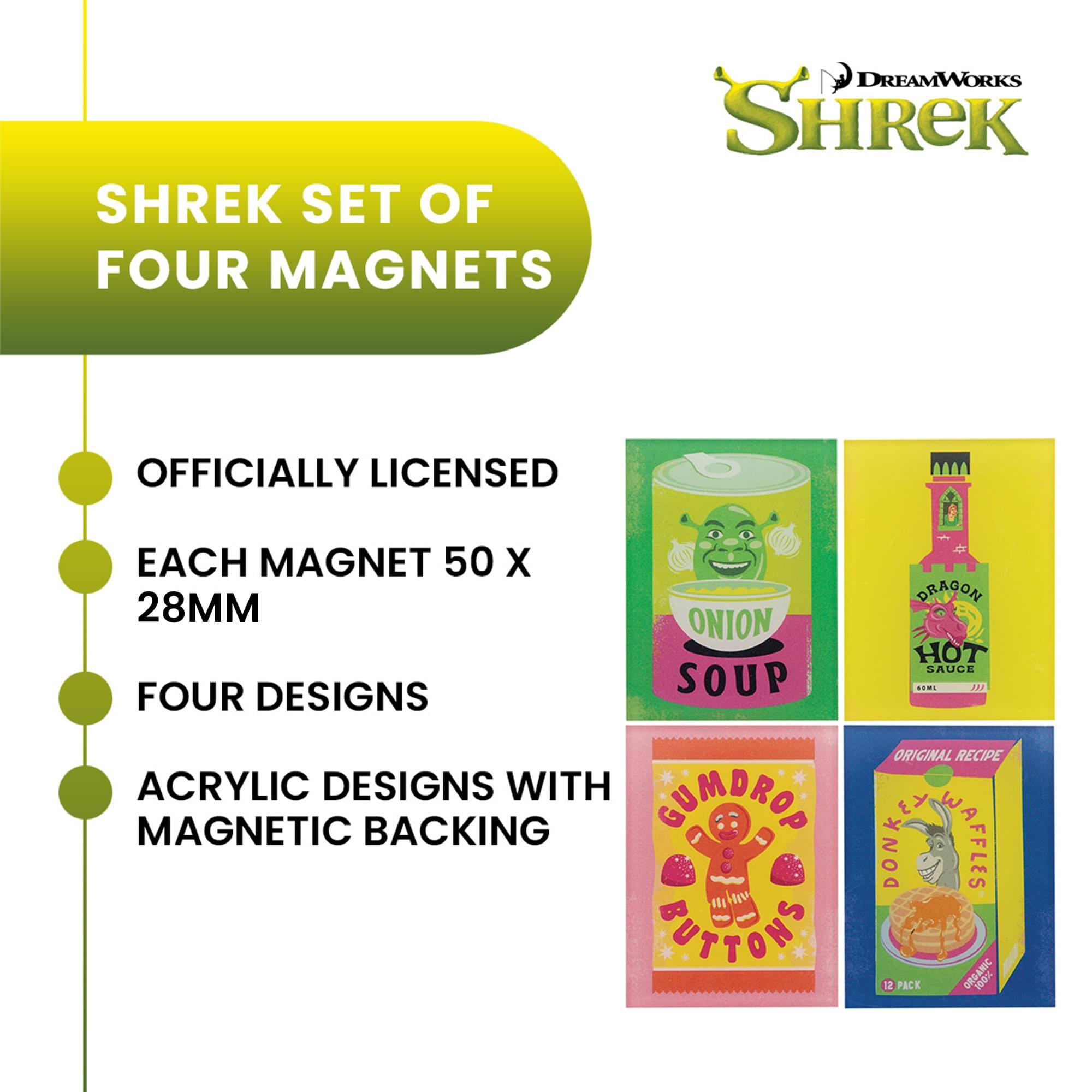 DREAMWORKS SHREK SHREK SET OF FOUR MAGNETS OFFICIALLY LICENSED EACH MAGNET 50 X 28MM FOUR DESIGNS ACRYLIC DESIGNS WITH GUMDROP MAGNETIC BACKING ONION SOUP DRAGON HOT SAUCE ORIGINAL RECIPE DONKEY WAFFLES
