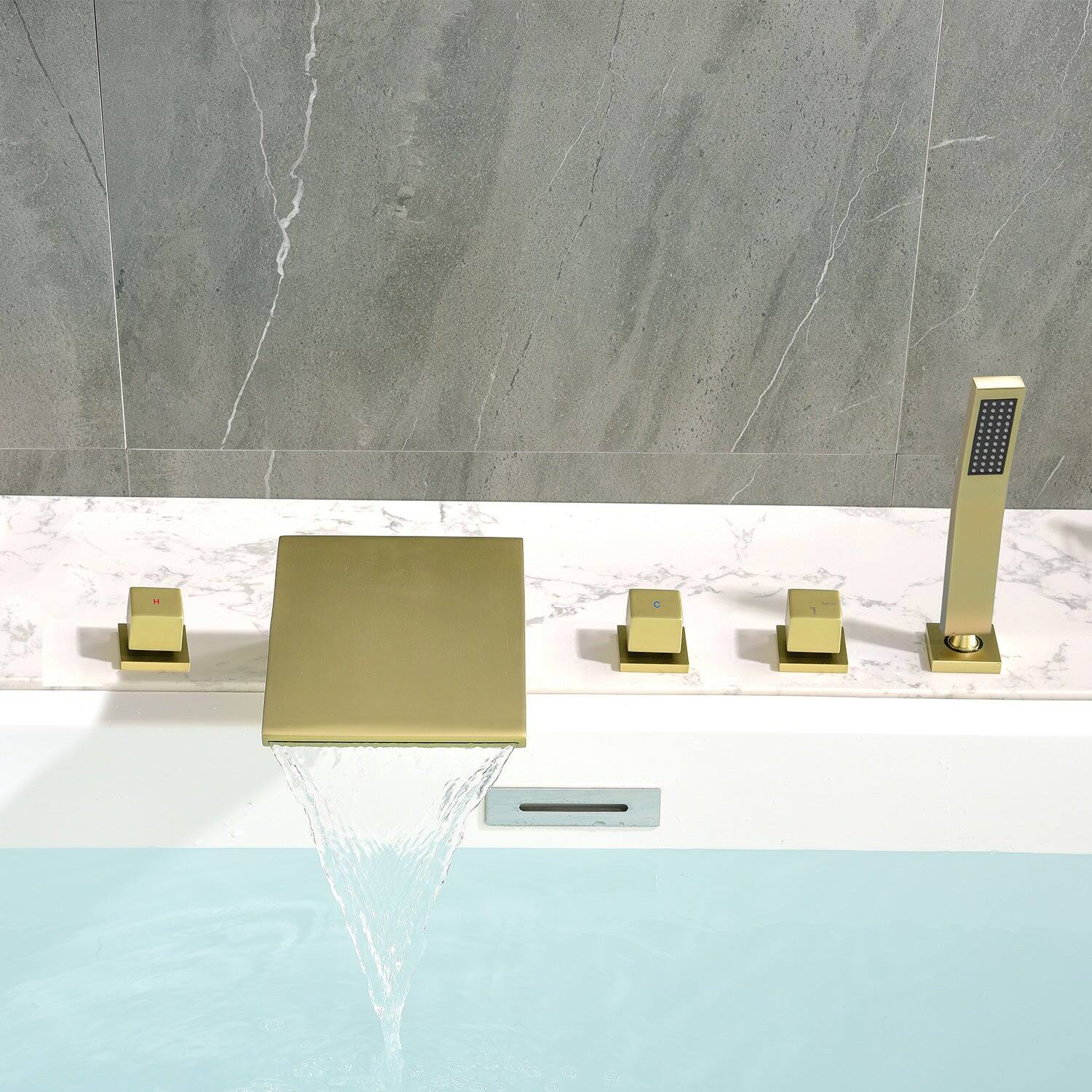 Alt View 5. Boyel Living - 7 in.W Brushed Gold Sloped Bathtub Hot and Cold Water Faucet with Handheld Shower and Waterfall Outlet 5-Hole - Brushed Gold.