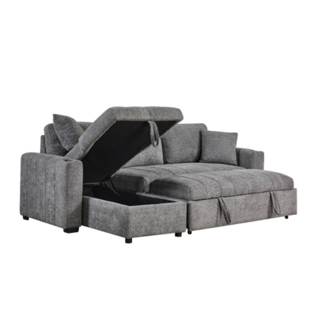 Alt View 1. LUCKY ONE - 96" Gray Boucle Reversible Sleeper Sectional Sofa with Storage Chaise, Cupholders, USB Charging, and Throw Pillows - Gray.