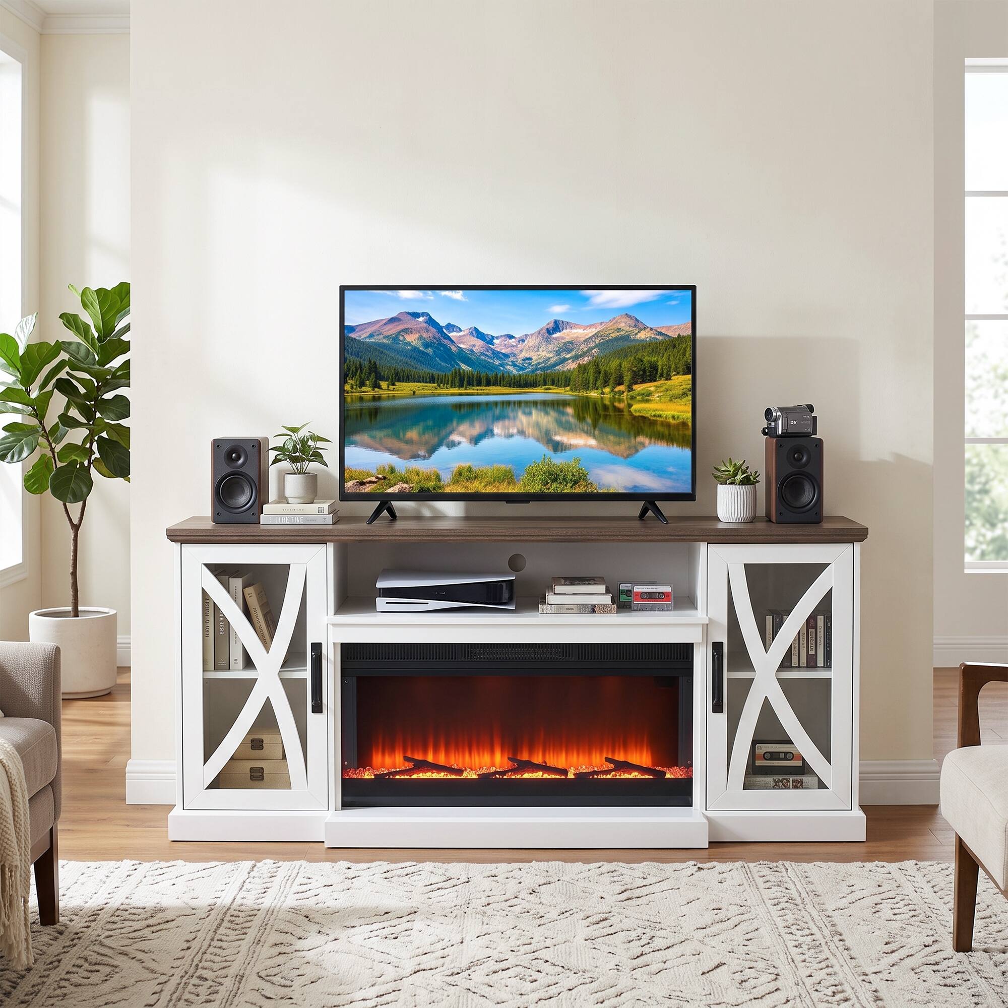 Left. Ihomeadore - 70" Modern Electric Fireplace TV Stand Entertainment Center with 36" Electric Fireplace and Cabinets for TV up to 80" - White.