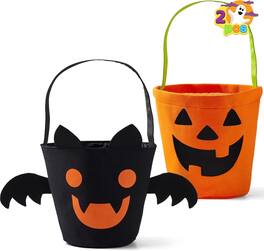 Joyfy - 2 PCS Halloween Trick or Treat Bags, 6 X 9'' Pumpkin Candy Bucket, Portable Felt Baskets Halloween Party Supplies - Orange