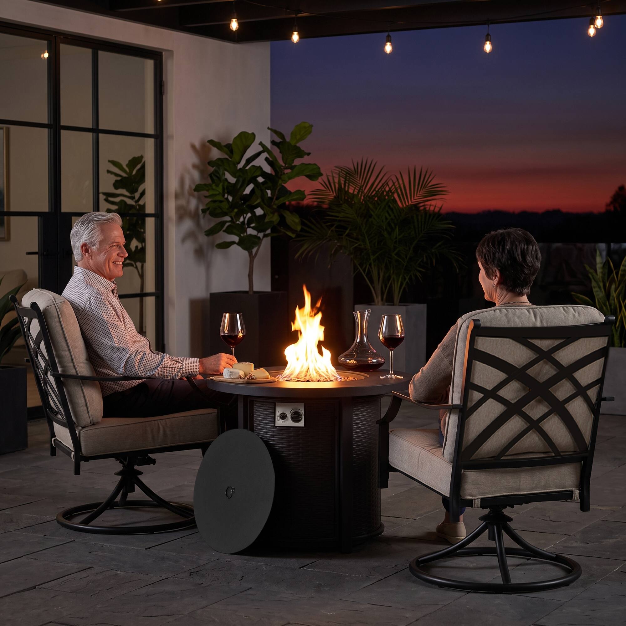 Back. Nuu Garden - 3-Piece Outdoor Fire Pit Set with 2 Swivel Sofas, CSA Certified - Black and Gray.