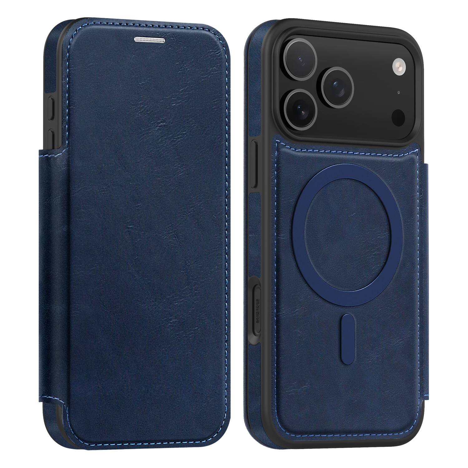 Angle. UUCOVER - Magnetic Wallet Case for Apple iPhone 17 Pro Shockproof  RFID Blocking Leather  Compatible with MagSafe Card Slots Cover - Blue.