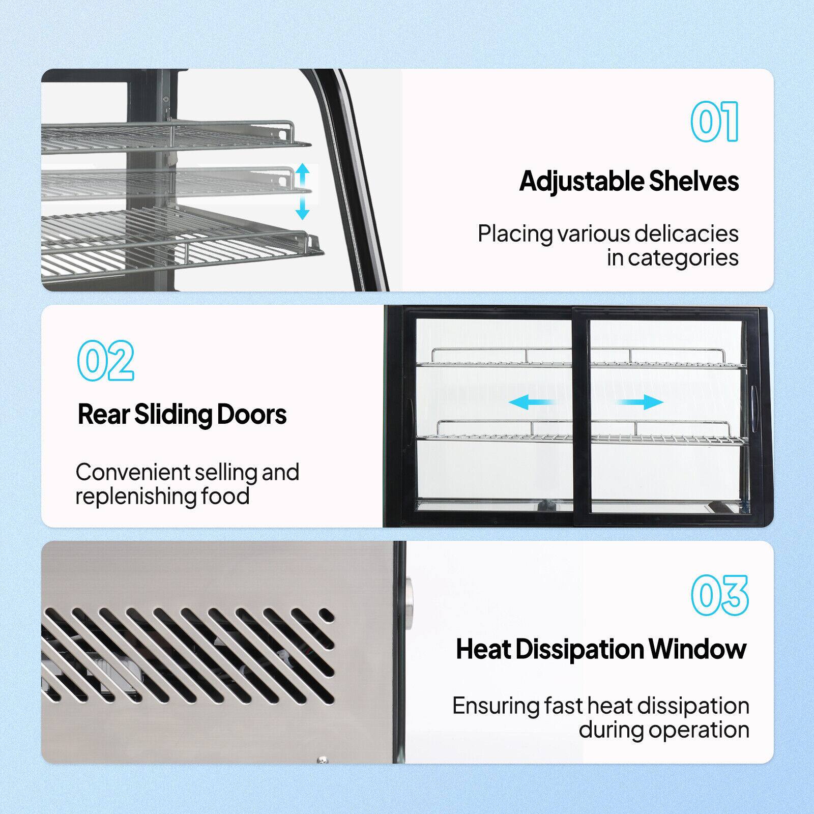 01 Adjustable Shelves  
Placing various delicacies in categories  

02 Rear Sliding Doors  
Convenient selling and replenishing food  

03 Heat Dissipation Window  
Ensuring fast heat dissipation during operation