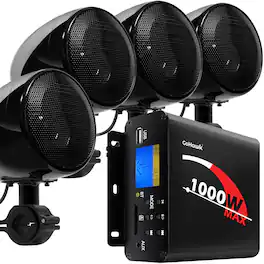 GoHawk - Bluetooth Motorcycle Speakers: 1000W Amplifier, 4-Speaker Waterproof Stereo Audio System w/ FM Radio USB SD for ATV UTV - Black