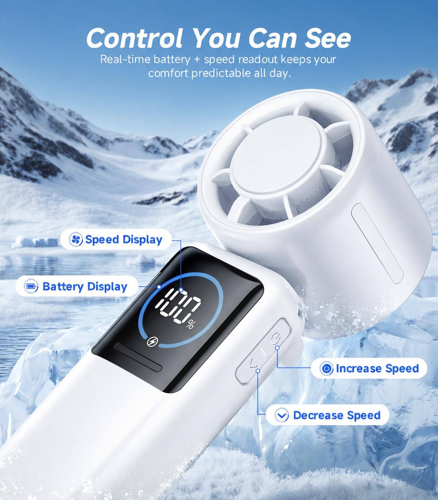 Control You Can See  
Real-time battery + speed readout keeps your comfort predictable all day.  

Speed Display  
Battery Display  
11%  

Increase Speed  
Decrease Speed