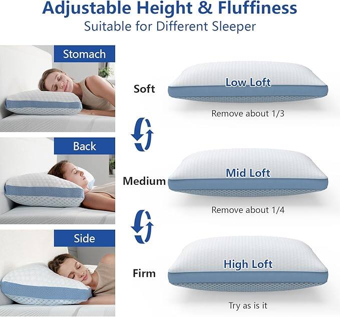 Adjustable Height & Fluffiness Suitable for Different Sleepers

- **Stomach**: Soft, Low Loft - Remove about 1/3
- **Back**: Medium, Mid Loft - Remove about 1/4
- **Side**: Firm, High Loft - Try as is