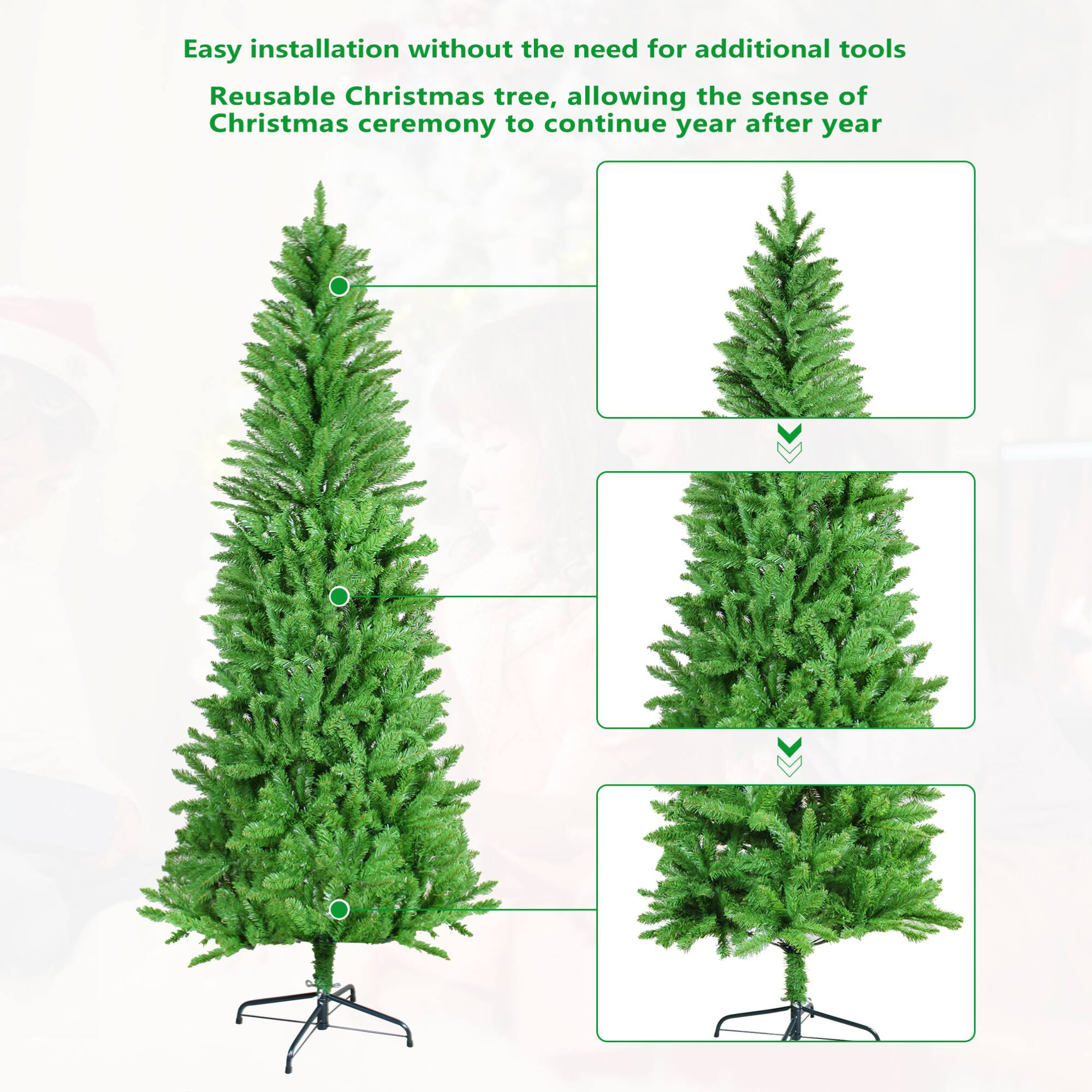 Alt View 7. ELEMENT ACE - 5FT Classic Pencil Christmas Tree with Dense Branches for Holiday Decorations in Elegant Slender Design - Green.