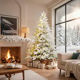 Glitzhome - 7.5ft Pre-Lit Flocked Full Fir Artificial Christmas Tree with 580 LED Lights - White