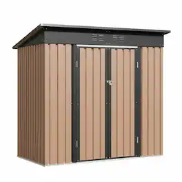 RYHNUYNE - 6x4 FT Brown Metal Garden Storage Shed with Hinge Door & Pent Roof, Outdoor Shed for Tool Storage - Black