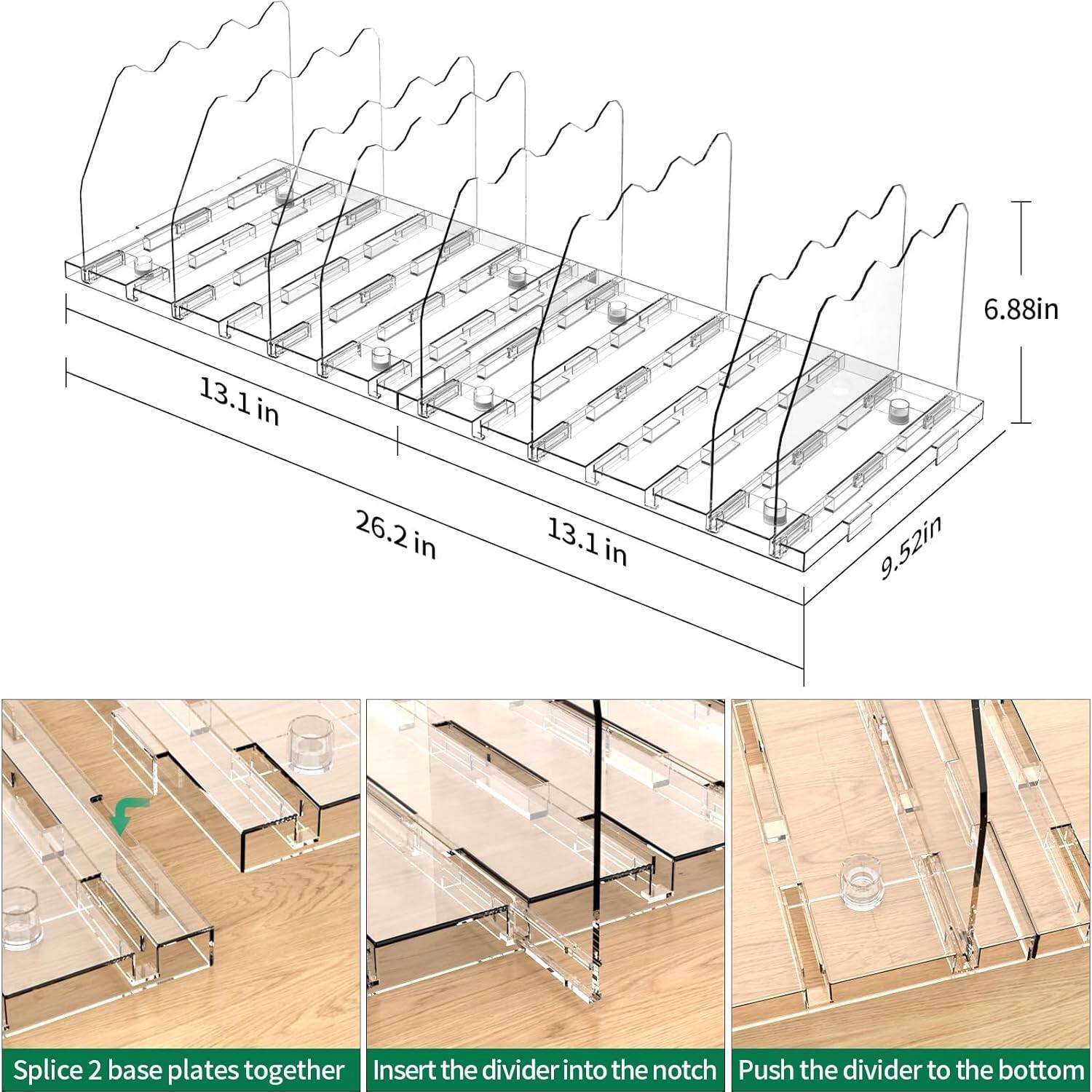 13.1 in, 6.88in, 26.2in, 13.1in, 9.52in, Splice 2 base plates together, Insert the divider into the notch, Push the divider to the bottom