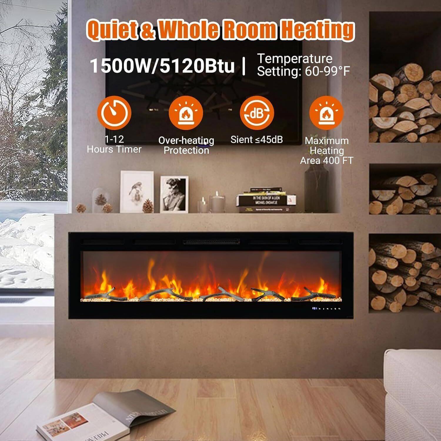 Quiet & Whole Room Heating  
1500W/5120Btu  
Temperature Setting: 60-99°F  
1-12 Hours Timer  
Over-heating Protection  
Sient ≤45dB  
Maximum Heating Area 400 FT