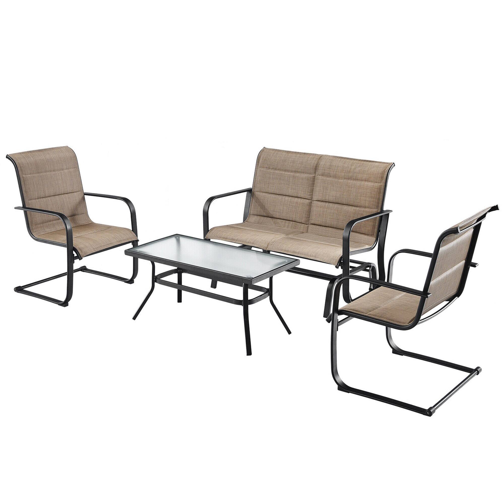 Alt View 1. Gymax - Gymax 4PCS Patio Conversation Set Cotton Padded Furniture Set w/ Swing Glider Loveseat - Brown and Black.