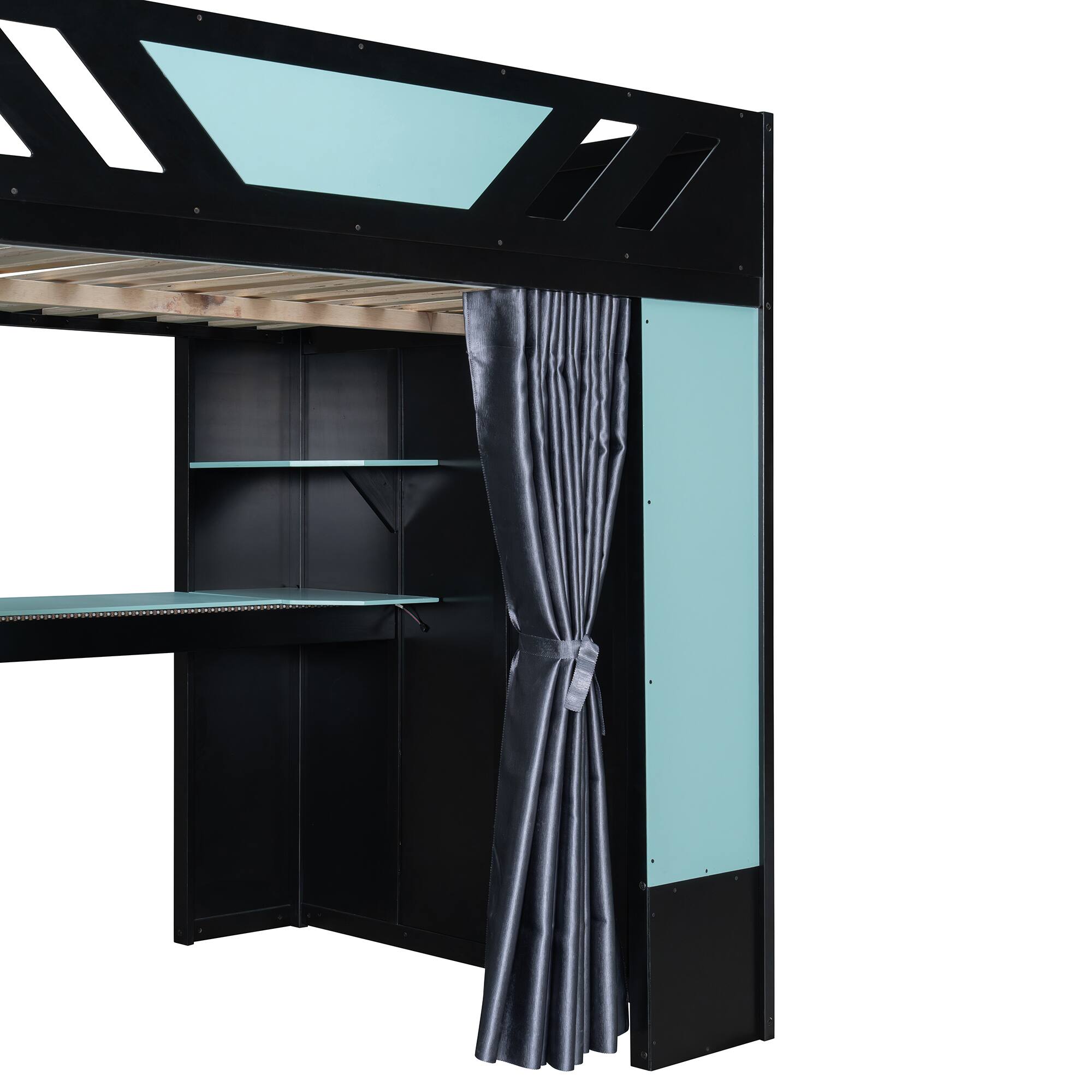 Alt View 2. Anysun - Full Size Wood Loft Bed with,Shelves,Blackout Curtains,and RGB Lights - Blue.