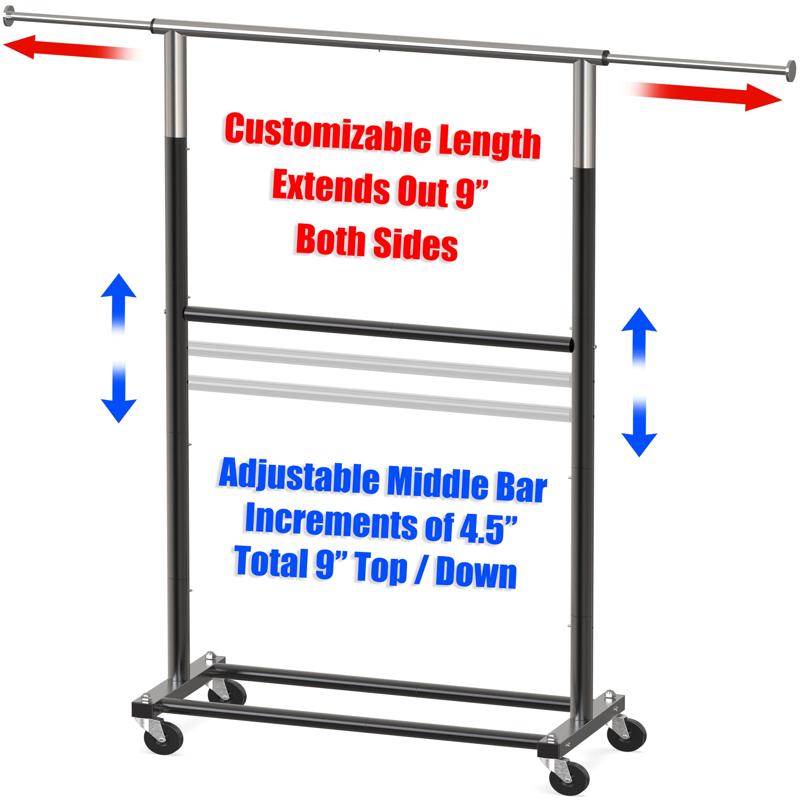 Customizable Length Extends Out 9" Both Sides

Adjustable Middle Bar Increments of 4.5" Total 9" Top / Down