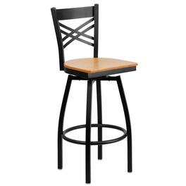 Emma + Oliver - "X" Back Swivel Metal Restaurant Dining Barstool - Natural Wood Seat/Black Metal Frame