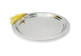 Jiallo - Aurelia Leaf Tray Round tray with gold fern: 13" dia - Silver /Gold