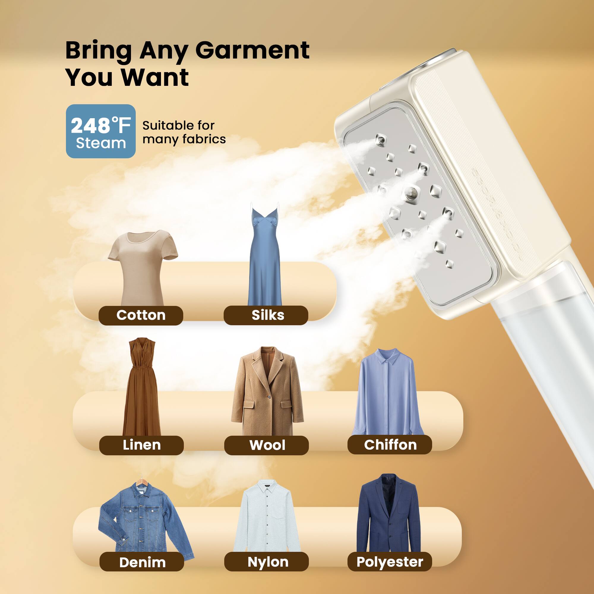 Bring Any Garment You Want

248°F Steam  
Suitable for many fabrics

- Cotton
- Silks
- Linen
- Wool
- Chiffon
- Denim
- Nylon
- Polyester