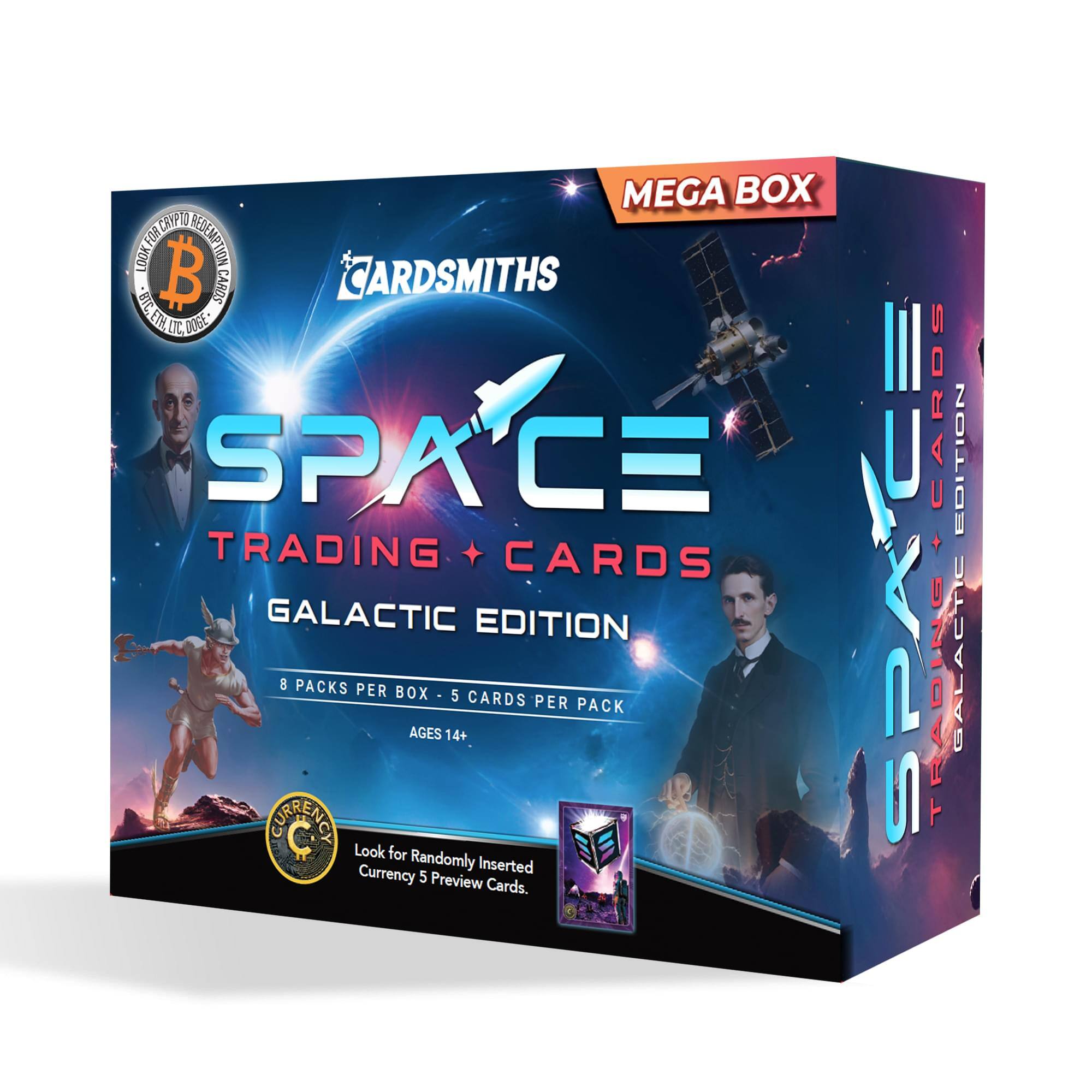 MEGA BOX  
SPACE TRADING CARDS  
GALACTIC EDITION  
8 PACKS PER BOX - 5 CARDS PER PACK  
AGES 14+  
Look for Randomly Inserted Currency 5 Preview Cards.
