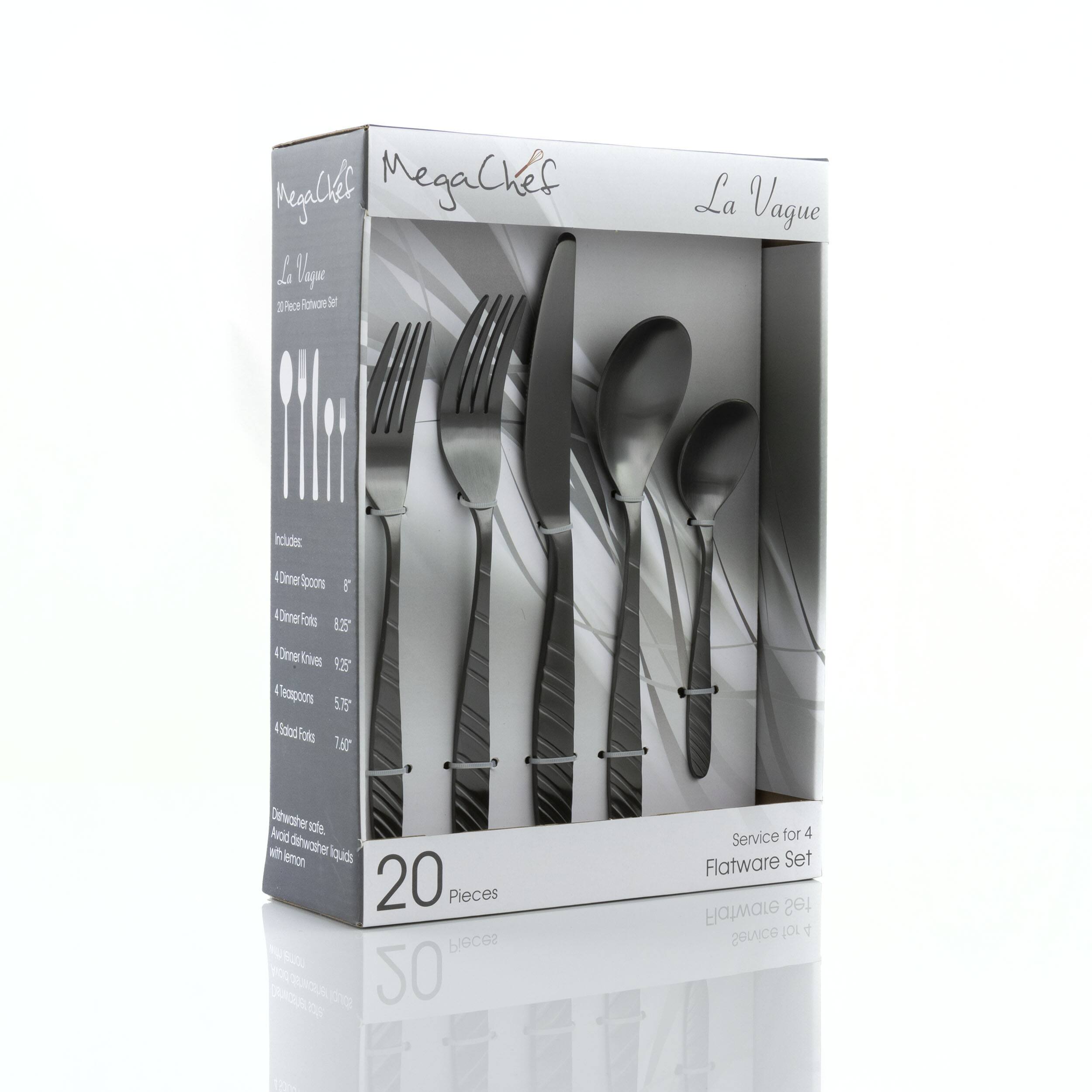 MegaChef La Vague 20 Pieces 4 Dinner Spoons 8.25 4 Dinner Forks 9.25 4 Dinner Knives 8.25 4 Teaspoons 5.75 4 Soup Spoons 7.5 20 Pieces Service for 4 Flatware Set