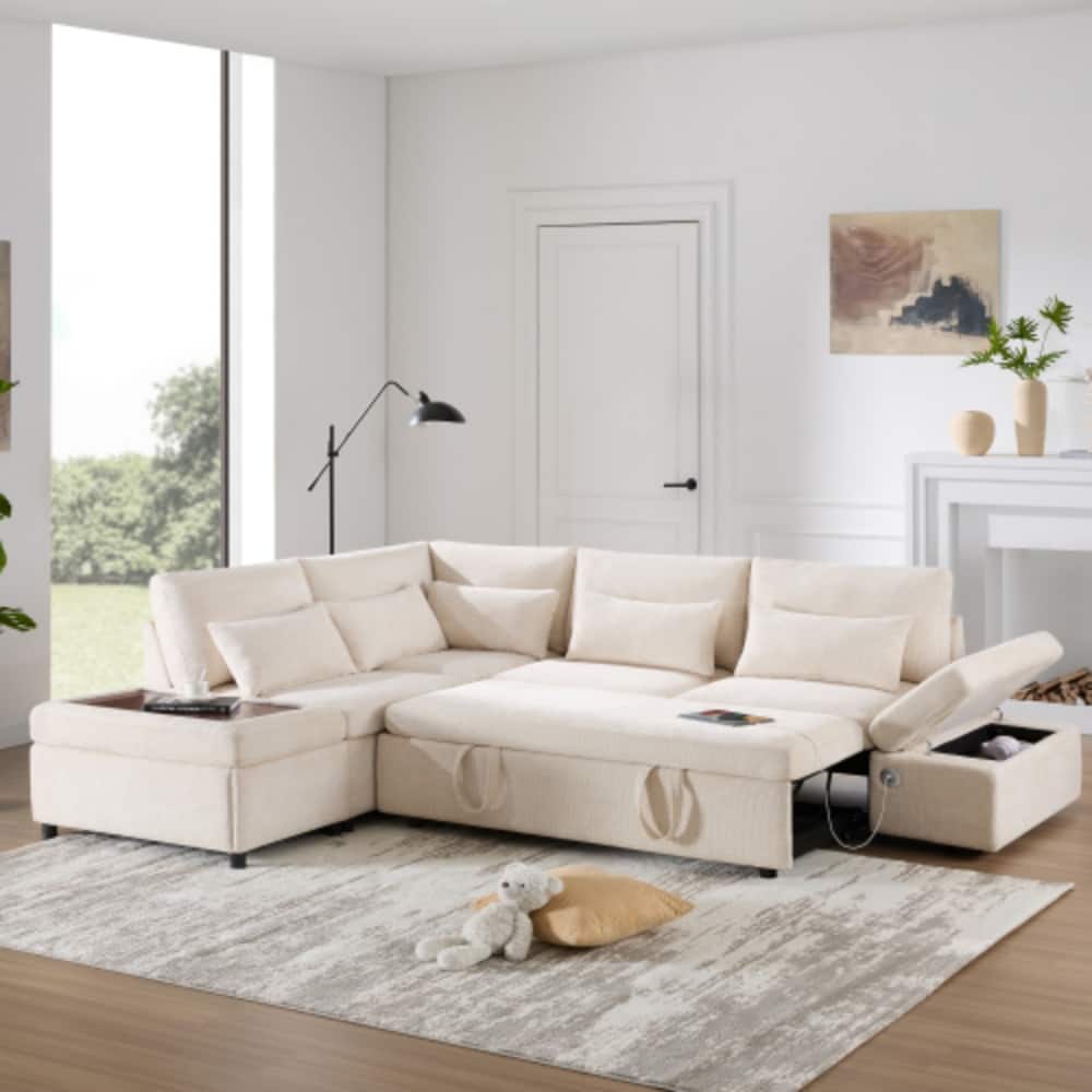LUCKY ONE - 107" L-Shape Pull-Out Sleeper Sectional Sofa Bed w/ USB Type-C Storage Ottoman - Beige