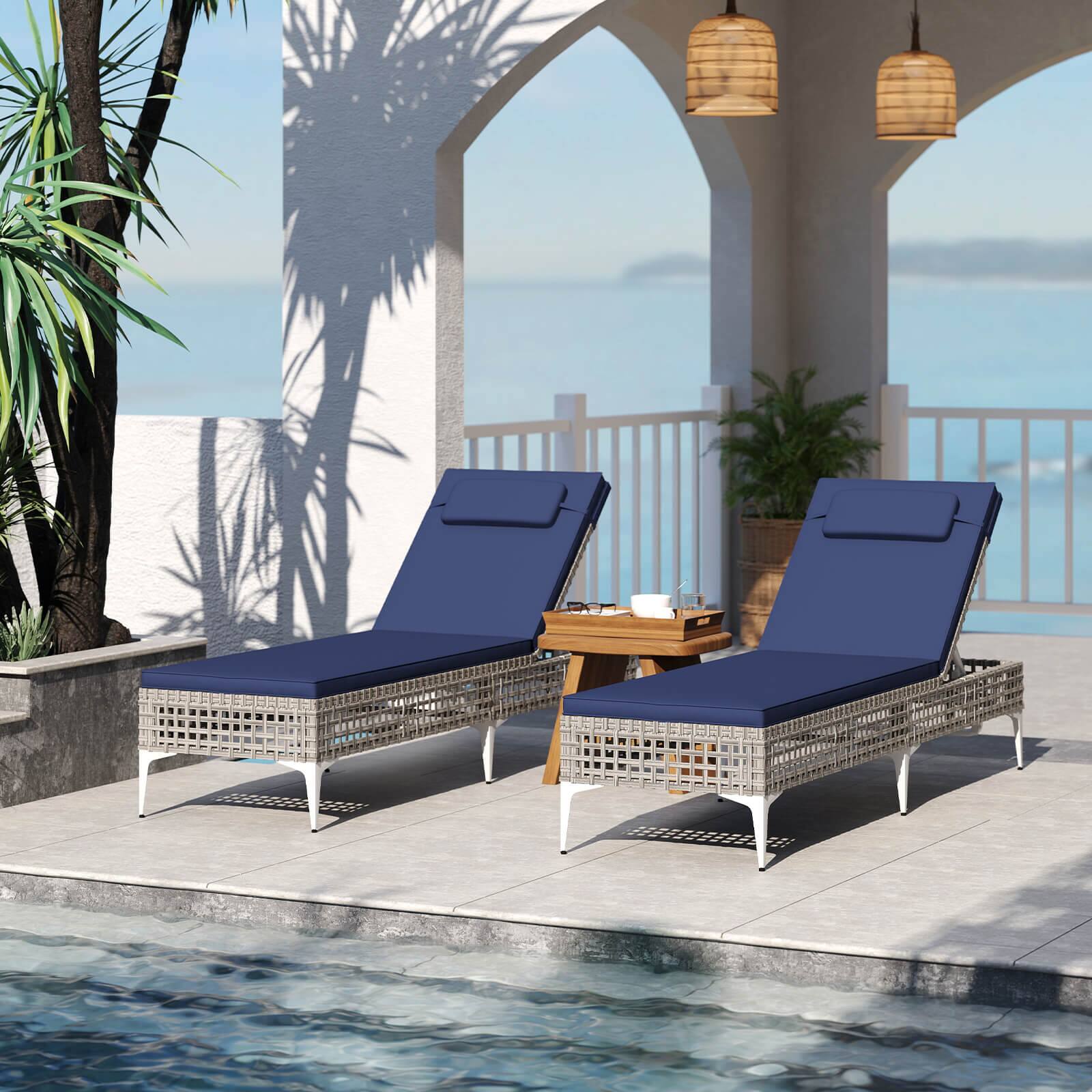 Alt View 1. Costway - Costway 2 PCS Patio Chaise Lounge Chair with 6-Level Adjustable Backrest Removable Cushion - Navy.
